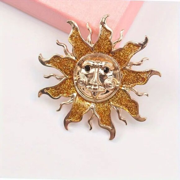 Vintage Style Golden Sun Brooch with Strong Alloy Enamel - 45mm - Elegant Look!! - Picture 4 of 5